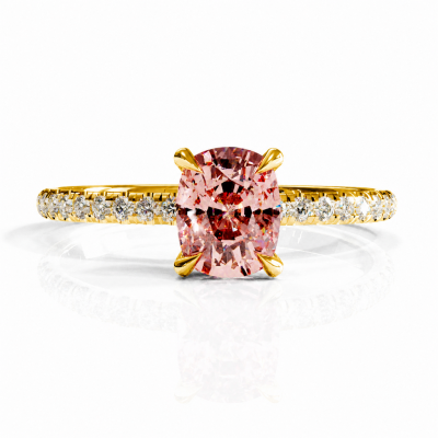 Elongated Cushion Cut Lab Grown Morganite Hidden Halo Pave Engagement Ring 