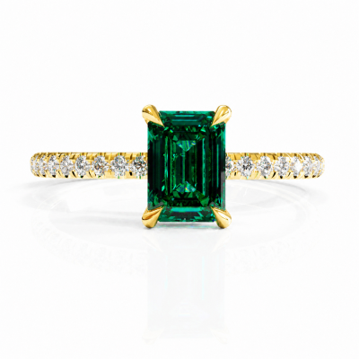 Emerald Cut Lab Grown Emerald Hidden Halo Pave Engagement Ring 