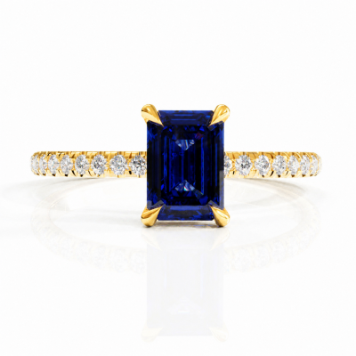 Emerald Cut Lab Grown Sapphire Hidden Halo Pave Engagement Ring 