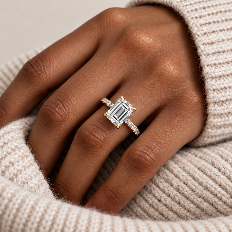 Emerald Cut Moissanite Hidden Halo Pave Engagement Ring  - Image 5