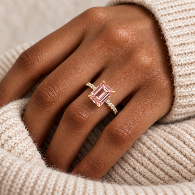 Emerald Cut Lab Grown Morganite Hidden Halo Pave Engagement Ring  - Image 5