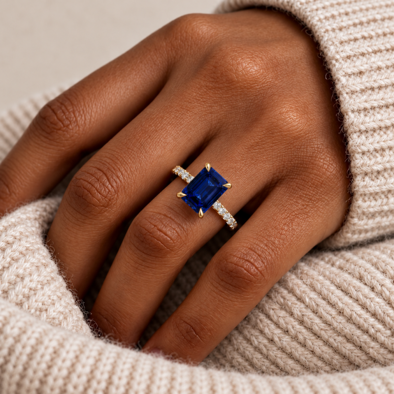 Emerald Cut Lab Grown Sapphire Hidden Halo Pave Engagement Ring  - Image 5