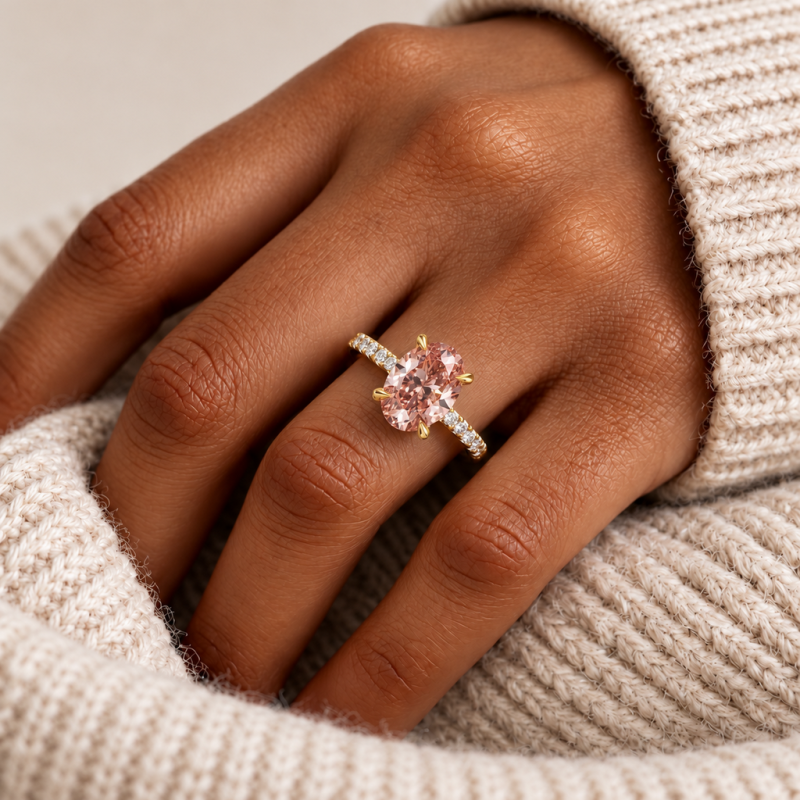 Oval Cut Lab Grown Morganite Hidden Halo Pave Engagement Ring  - Image 5