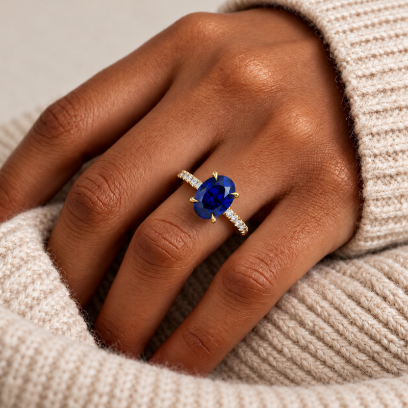 Oval Cut Lab Grown Sapphire Hidden Halo Pave Engagement Ring  - Image 5
