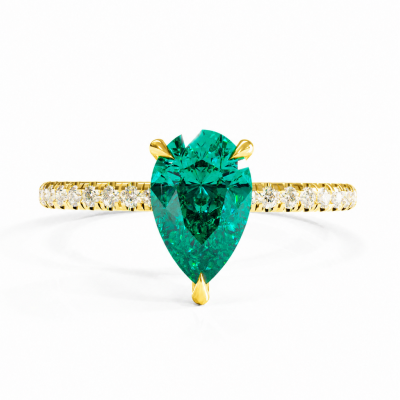 Pear Cut Lab Grown Emerald Hidden Halo Pave Engagement Ring 