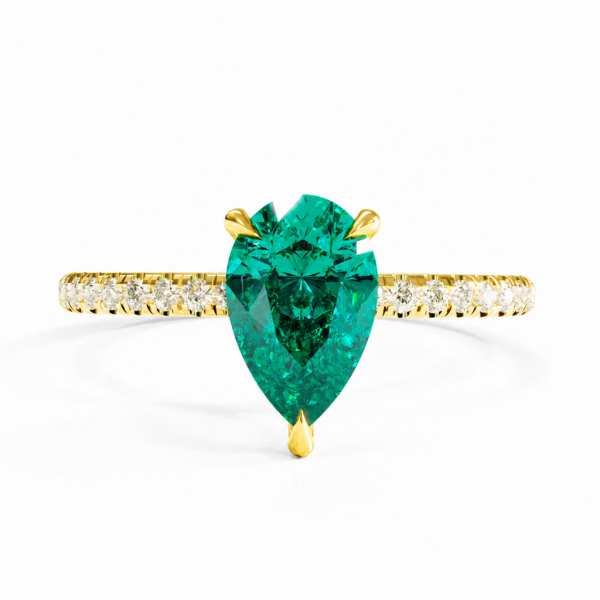 Pear Cut Lab Grown Emerald Hidden Halo Pave Engagement Ring 