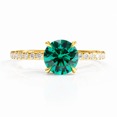 Round Cut Lab Grown Emerald Hidden Halo Pave Engagement Ring 