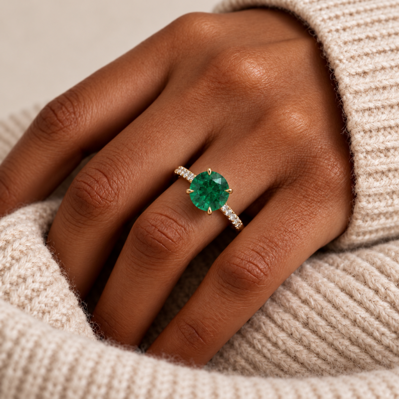 Round Cut Lab Grown Emerald Hidden Halo Pave Engagement Ring  - Image 5