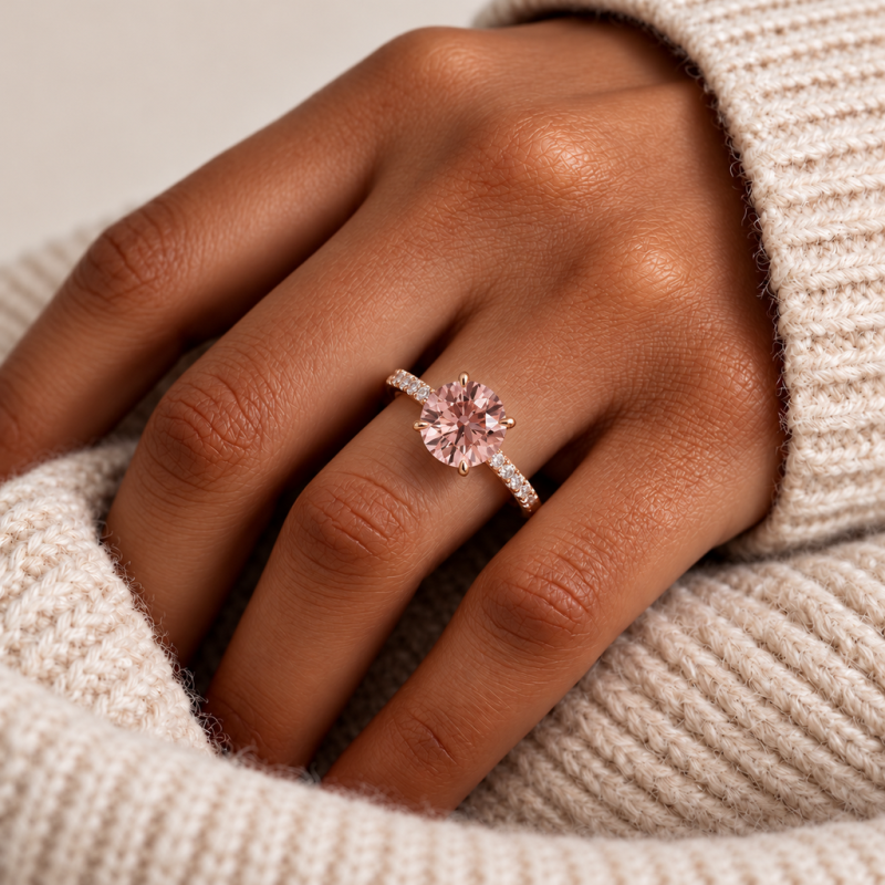Round Cut Lab Grown Morganite Hidden Halo Pave Engagement Ring  - Image 5