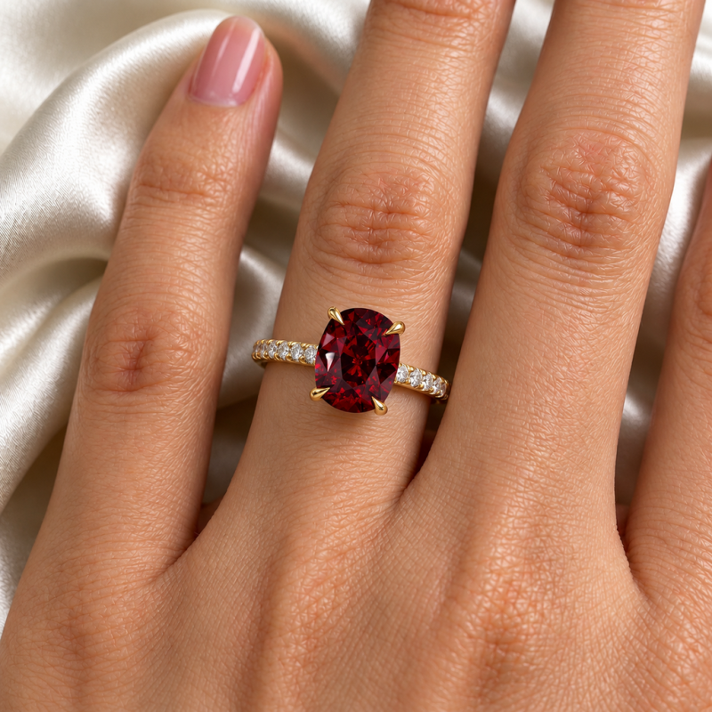 Elongated Cushion Cut Lab Grown Ruby Hidden Halo Pave Engagement Ring  - Image 5