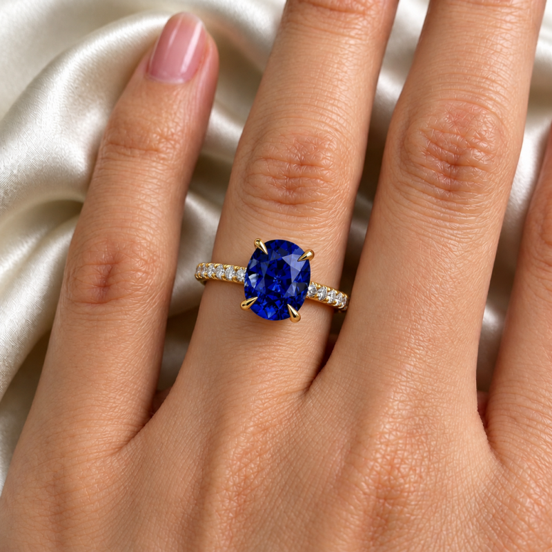 Elongated Cushion Cut Lab Grown Sapphire Hidden Halo Pave Engagement Ring  - Image 5