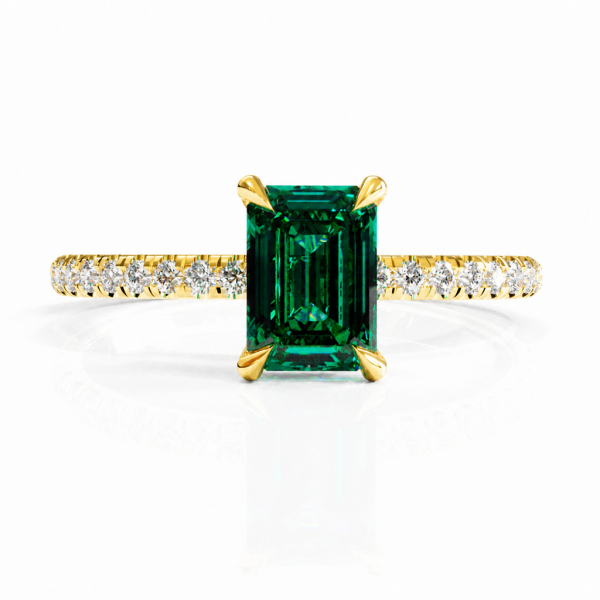 Emerald Cut Lab Grown Emerald Hidden Halo Pave Engagement Ring 