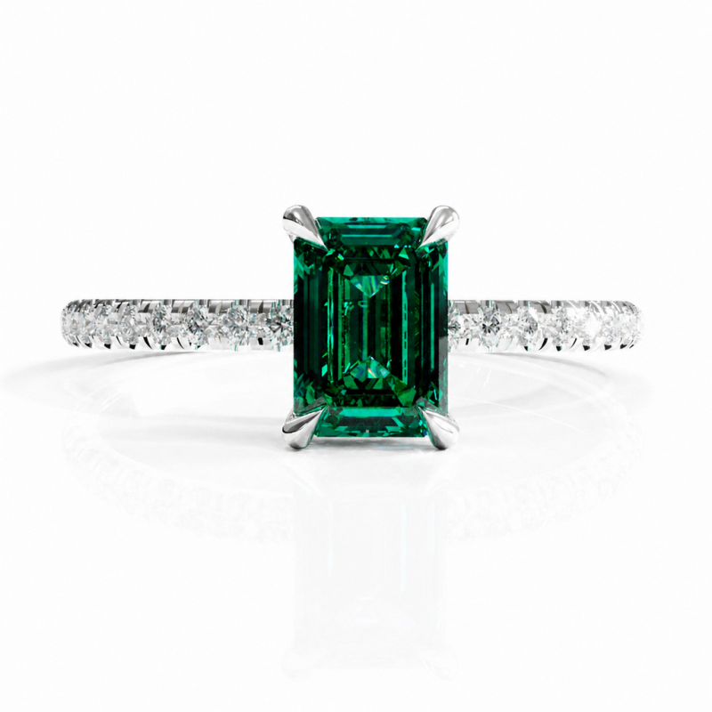 Emerald Cut Lab Grown Emerald Hidden Halo Pave Engagement Ring  - Image 3