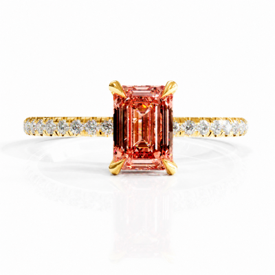 Emerald Cut Lab Grown Morganite Hidden Halo Pave Engagement Ring 