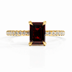Emerald Cut Lab Grown Ruby Hidden Halo Pave Engagement Ring 