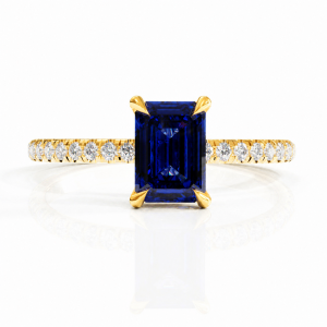 Emerald Cut Lab Grown Sapphire Hidden Halo Pave Engagement Ring 