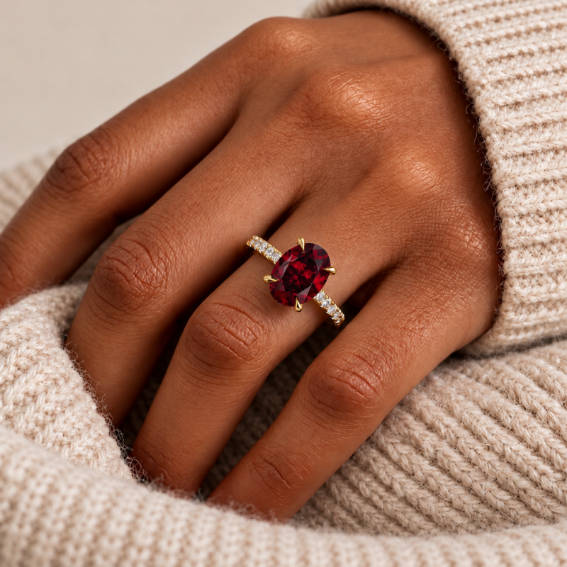 Oval Cut Lab Grown Ruby Hidden Halo Pave Engagement Ring  - Image 5