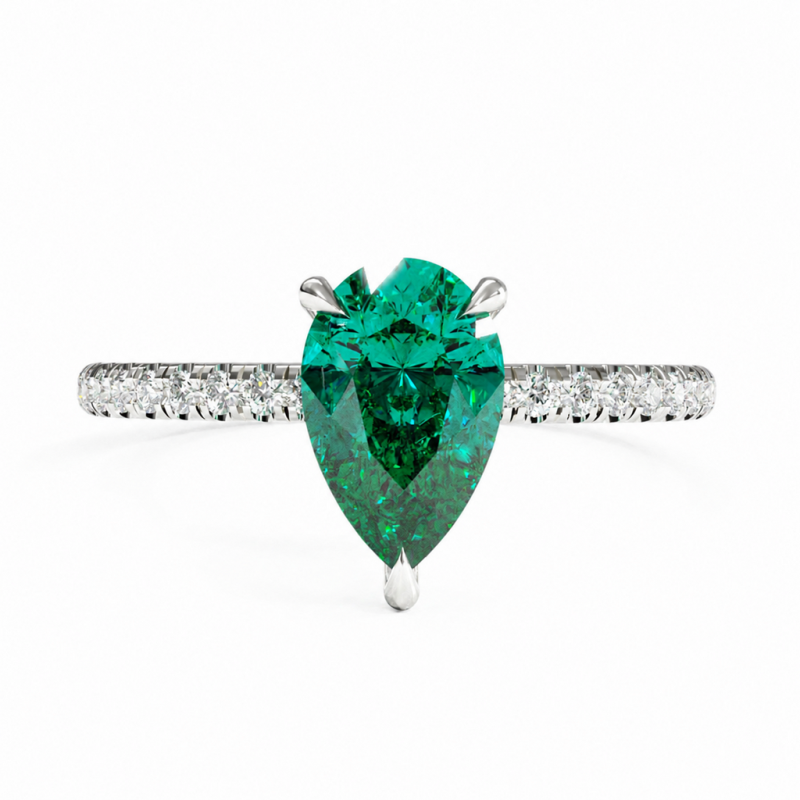 Pear Cut Lab Grown Emerald Hidden Halo Pave Engagement Ring  - Image 3