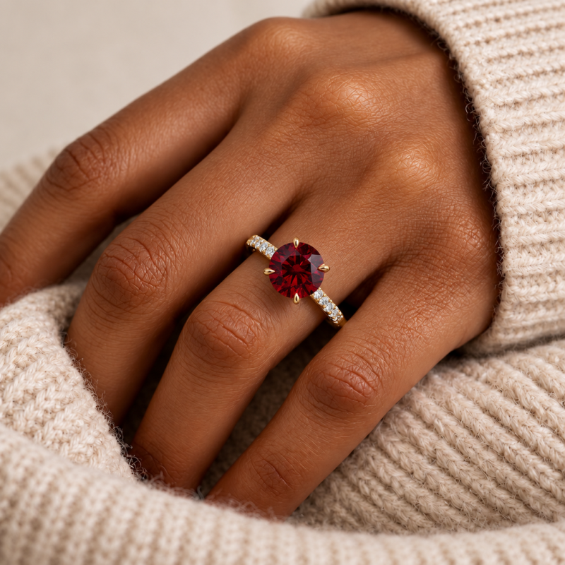 Round Cut Lab Grown Ruby Hidden Halo Pave Engagement Ring  - Image 5