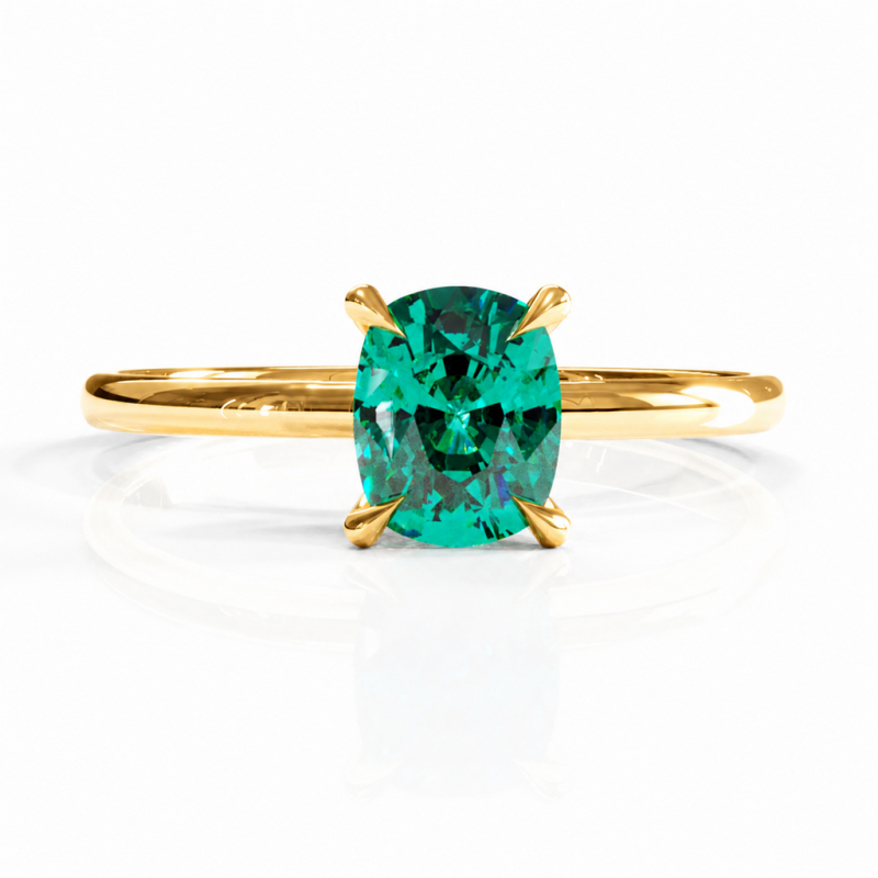 Elongated Cushion Cut Lab Grown Emerald Hidden Halo Solitaire Engagement Ring - Image 1