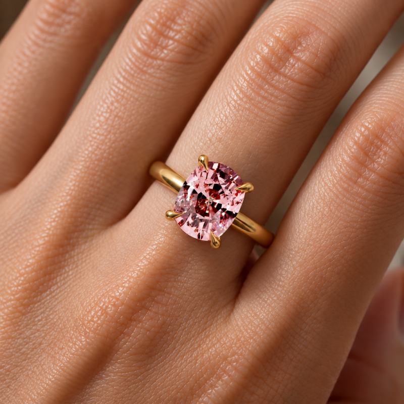 Elongated Cushion Cut Lab Grown Morganite Hidden Halo Solitaire Engagement Ring - Image 5
