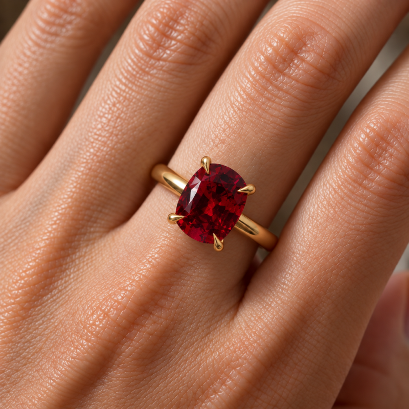 Elongated Cushion Cut Lab Grown Ruby Hidden Halo Solitaire Engagement Ring - Image 5
