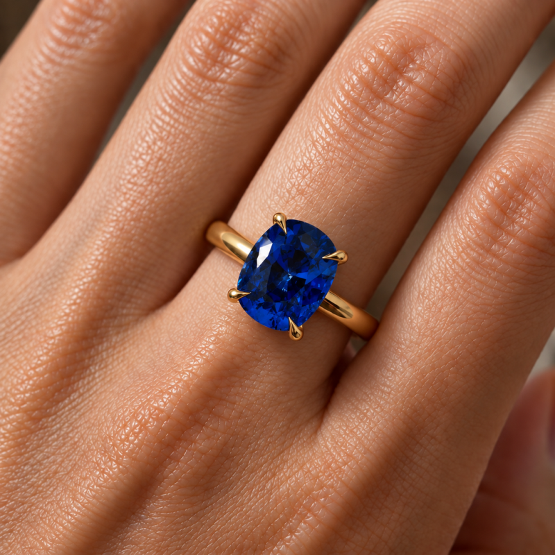 Elongated Cushion Cut Lab Grown Sapphire Hidden Halo Solitaire Engagement Ring - Image 5