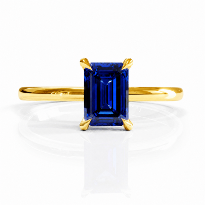 Emerald Cut Lab Grown Sapphire Hidden Halo Solitaire Engagement Ring