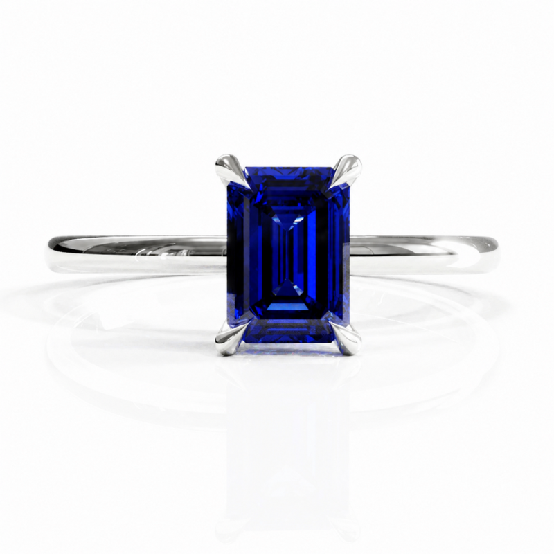 Emerald Cut Lab Grown Sapphire Hidden Halo Solitaire Engagement Ring - Image 3