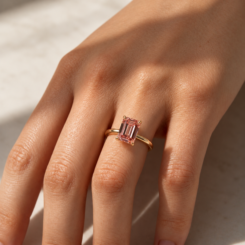 Emerald Cut Lab Grown Morganite Hidden Halo Solitaire Engagement Ring - Image 5