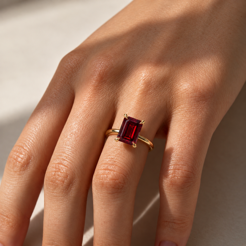 Emerald Cut Lab Grown Ruby Hidden Halo Solitaire Engagement Ring - Image 5