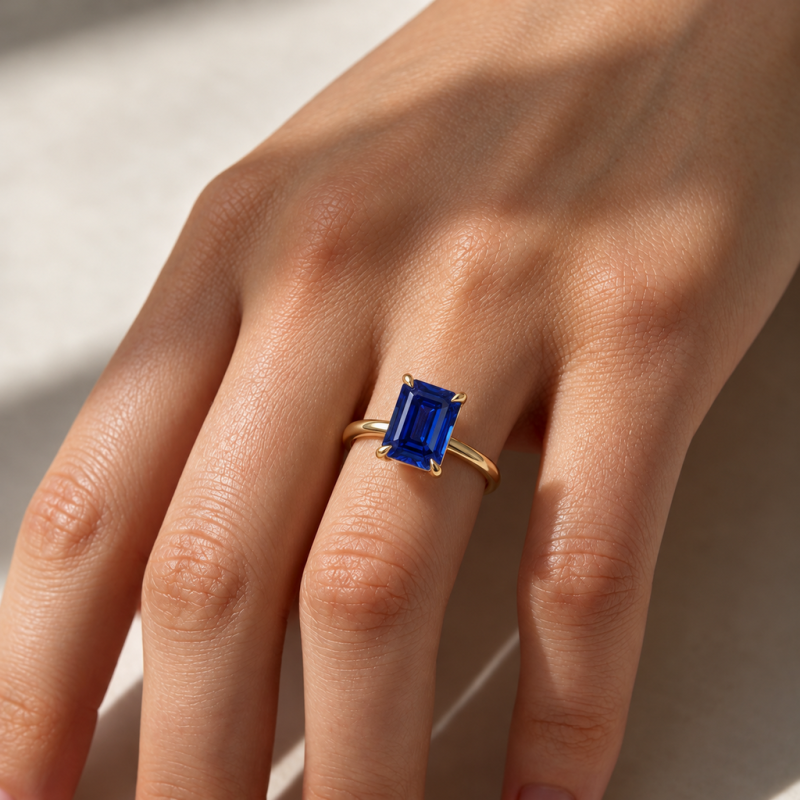 Emerald Cut Lab Grown Sapphire Hidden Halo Solitaire Engagement Ring - Image 5