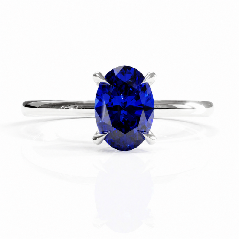 Oval Cut Lab Grown Sapphire Hidden Halo Solitaire Engagement Ring - Image 3