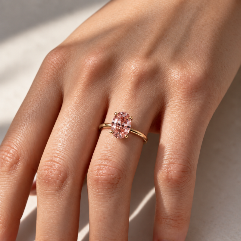 Oval Cut Lab Grown Morganite Hidden Halo Solitaire Engagement Ring - Image 5