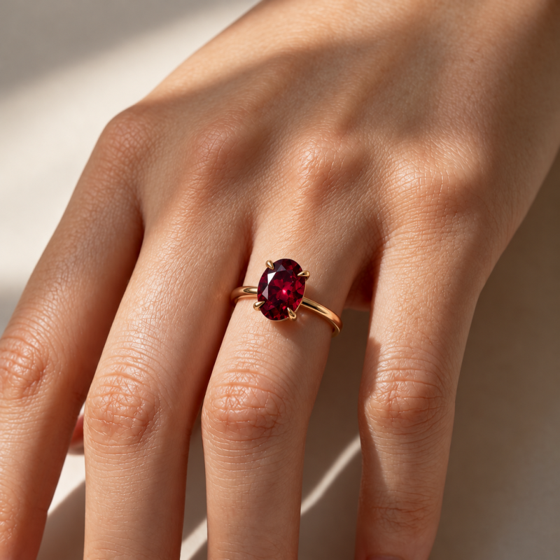 Oval Cut Lab Grown Ruby Hidden Halo Solitaire Engagement Ring - Image 5