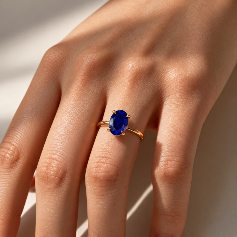 Oval Cut Lab Grown Sapphire Hidden Halo Solitaire Engagement Ring - Image 5
