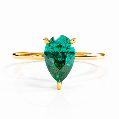 Pear Cut Lab Grown Emerald Hidden Halo Solitaire Engagement Ring