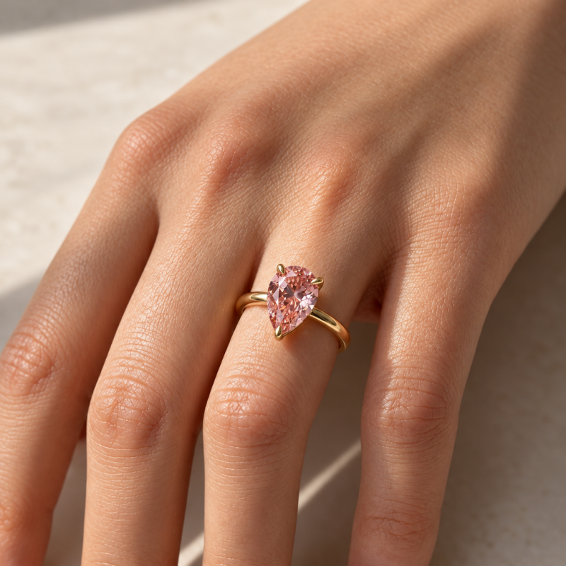 Pear Cut Lab Grown Morganite Hidden Halo Solitaire Engagement Ring - Image 5