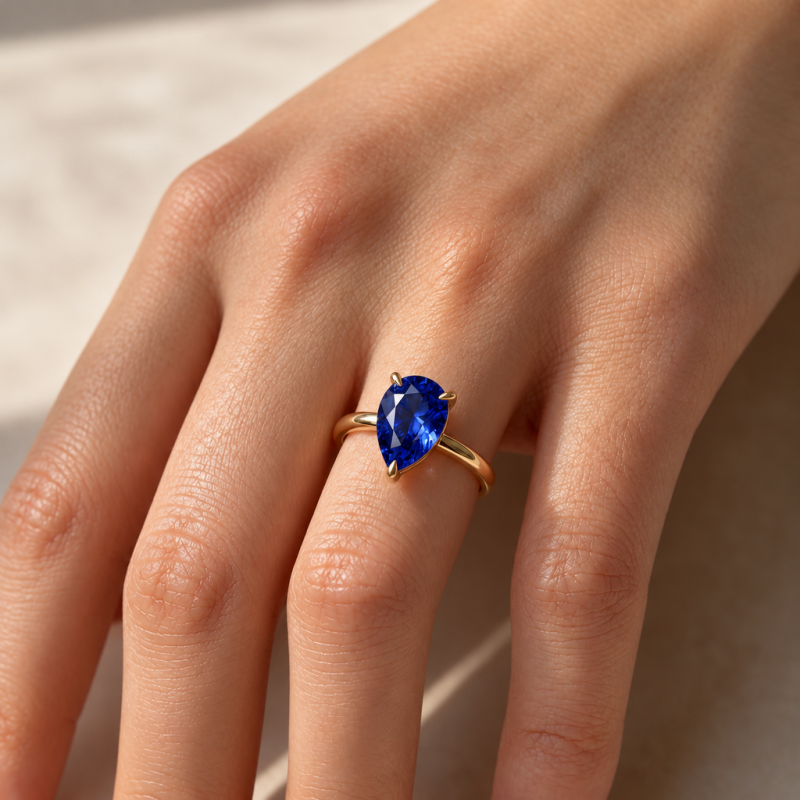 Pear Cut Lab Grown Sapphire Hidden Halo Solitaire Engagement Ring - Image 5