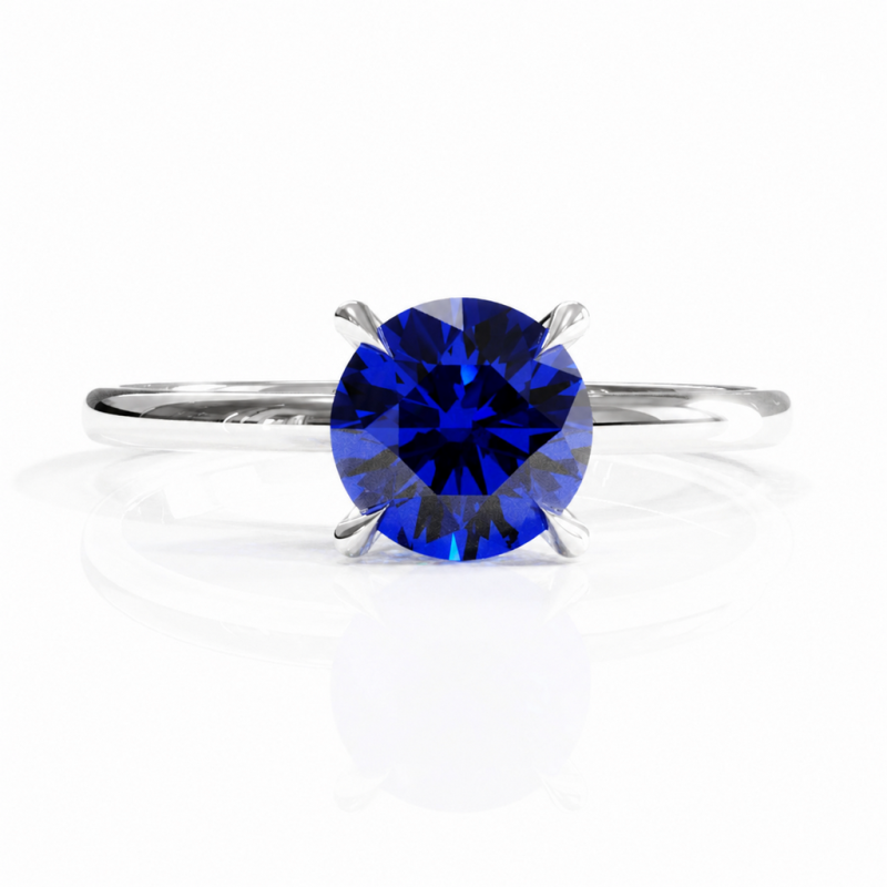 Round Cut Lab Grown Sapphire Hidden Halo Solitaire Engagement Ring - Image 3