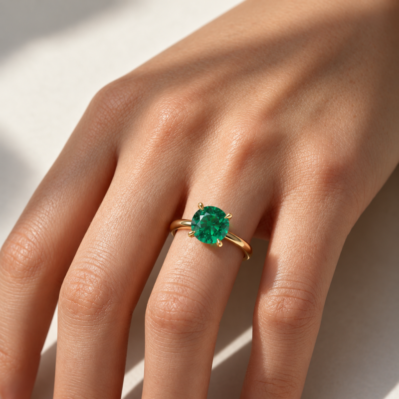 Round Cut Lab Grown Emerald Hidden Halo Solitaire Engagement Ring - Image 5