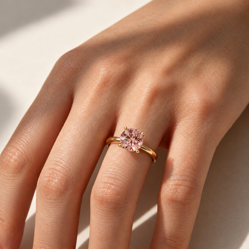 Round Cut Lab Grown Morganite Hidden Halo Solitaire Engagement Ring - Image 5