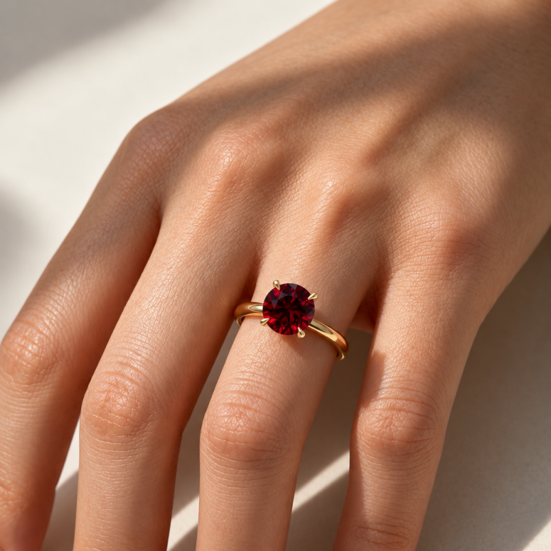 Round Cut Lab Grown Ruby Hidden Halo Solitaire Engagement Ring - Image 5