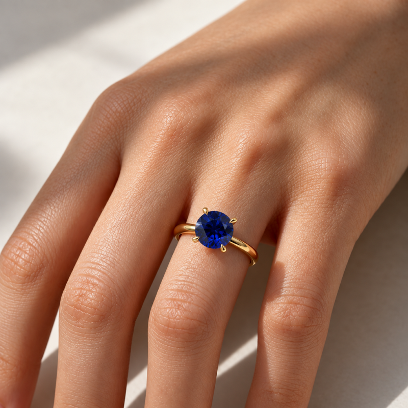 Round Cut Lab Grown Sapphire Hidden Halo Solitaire Engagement Ring - Image 5