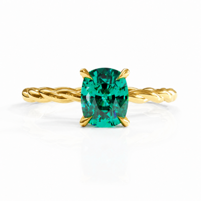 Elongated Cushion Cut Lab Grown Emerald Hidden Halo Twisted Engagement Ring