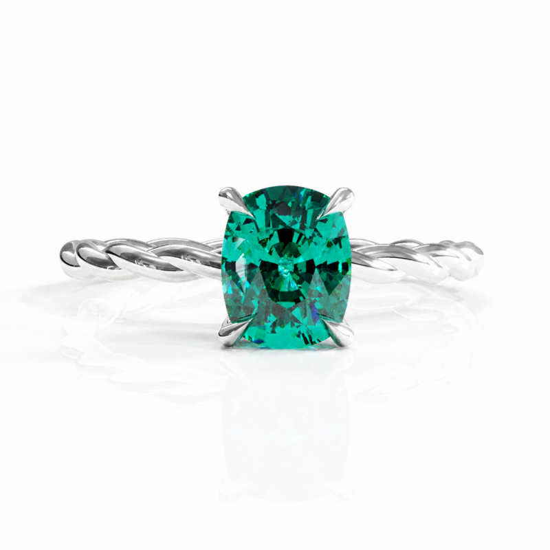 Elongated Cushion Cut Lab Grown Emerald Hidden Halo Twisted Engagement Ring - Image 3