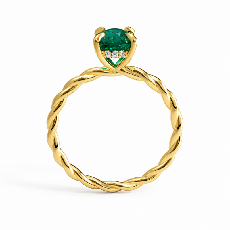 Elongated Cushion Cut Lab Grown Emerald Hidden Halo Twisted Engagement Ring - Image 4