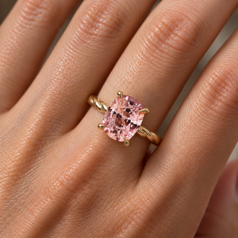 Elongated Cushion Cut Lab Grown Morganite Hidden Halo Twisted Engagement Ring - Image 5