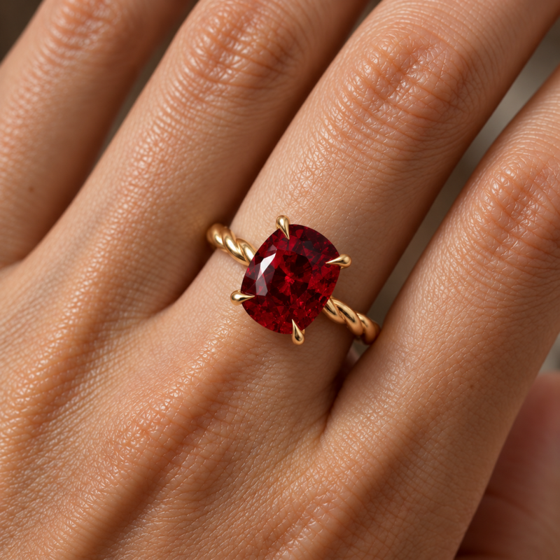 Elongated Cushion Cut Lab Grown Ruby Hidden Halo Twisted Engagement Ring - Image 5