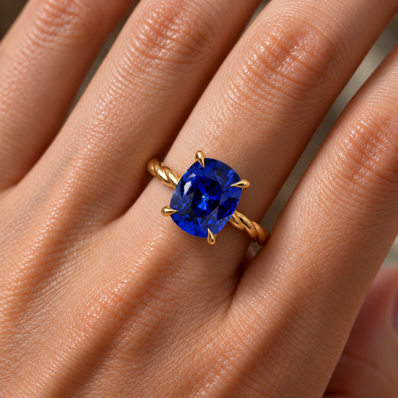 Elongated Cushion Cut Lab Grown Sapphire Hidden Halo Twisted Engagement Ring - Image 5